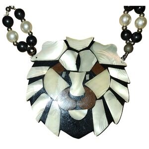 VTG Lee Sands Statement Lion Head Necklace Mother of Pearl Beaded Chain